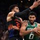 BOSTON, MASSACHUSETTS - OCTOBER 23: Jayson Tatum #0 of the Boston Celtics drives to the basket against Karl-Anthony Towns #32 of the New York Knicks during second half of the Celtics Home Opener at TD Garden on October 23, 2026 in Boston, Massachusetts. The Celtics defeat the Knicks 107-103. NOTE TO USER: User expressly acknowledges and agrees that, by downloading and or using this photograph, User is consenting to the terms and conditions of the Getty Images License Agreement.